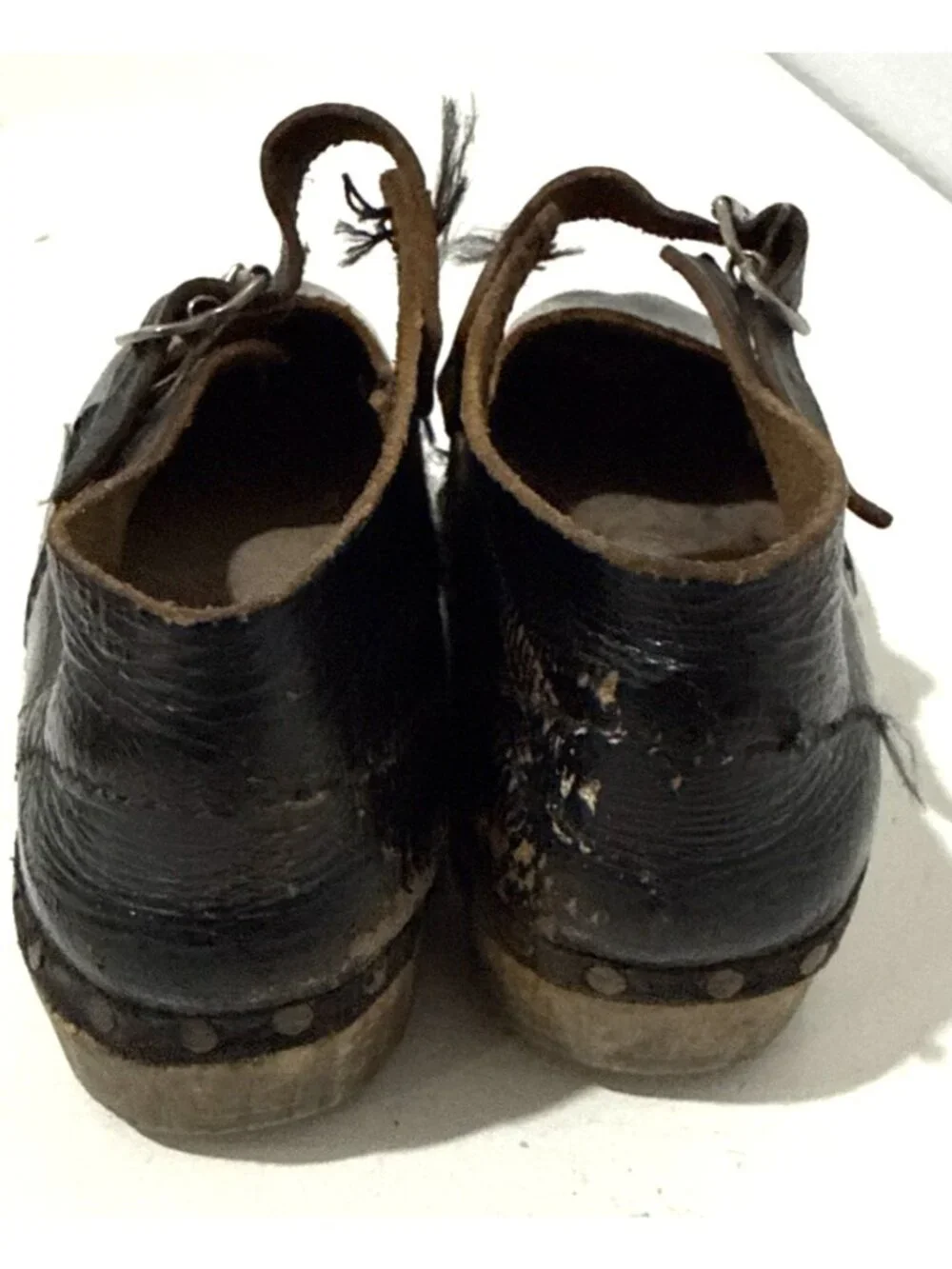 Antique Victorian Handmade Black Leather Wood Mary Jane Child Clogs Shoes Size 8